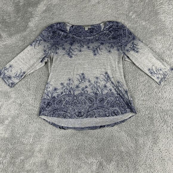 Energe Women's Long Sleeve Floral Paisley Shirt XXL Grey Navy Scoop Neck 90s Y2K - Picture 1 of 15